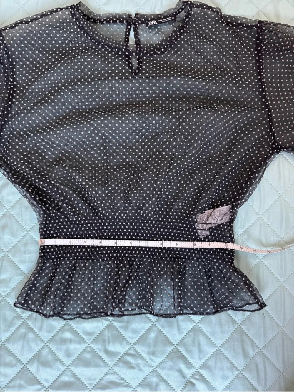 Zara Sheer Polka Dot Mesh Blouse Black Sheer Top Smocked Waist Size S